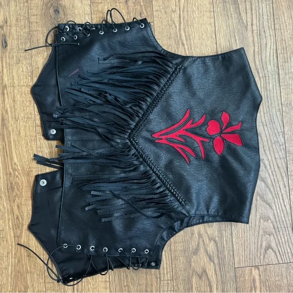 Urban Outfitters Modern Vegan Leather Fringe Biker / Western Cowgirl Floral Vest - Picture 2 of 4